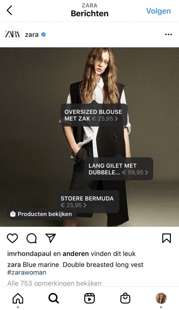 Verkopen via Instagram Shopping Zara voorbeeld